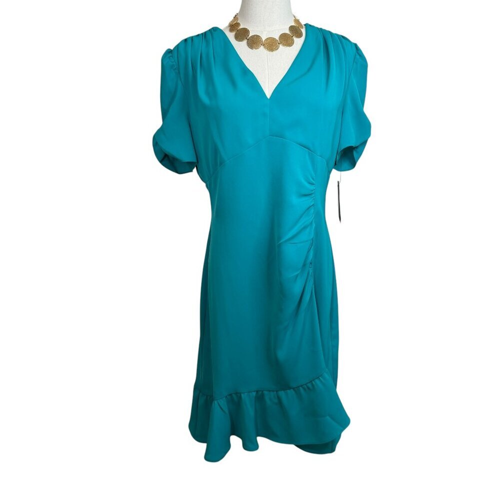 DKNY Ruched Sleeve A-Line Ruffle Trim Mini Dress Teal Blue Green Size 8 | NWT